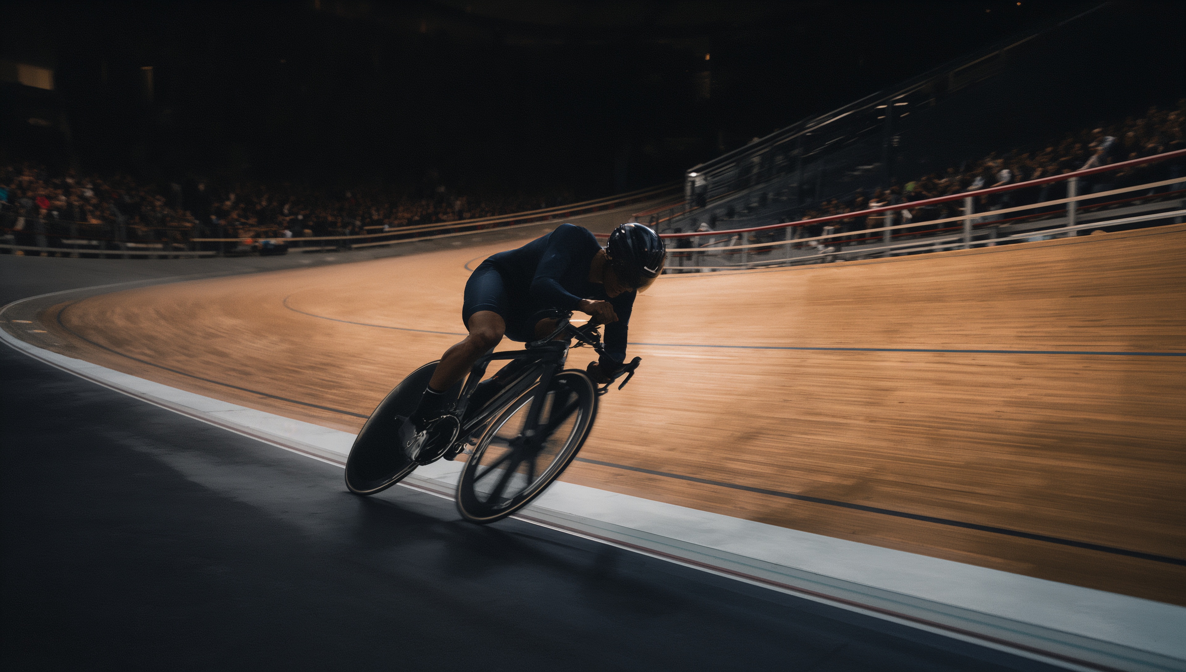 Track cyclist racing at speed in a velodrome