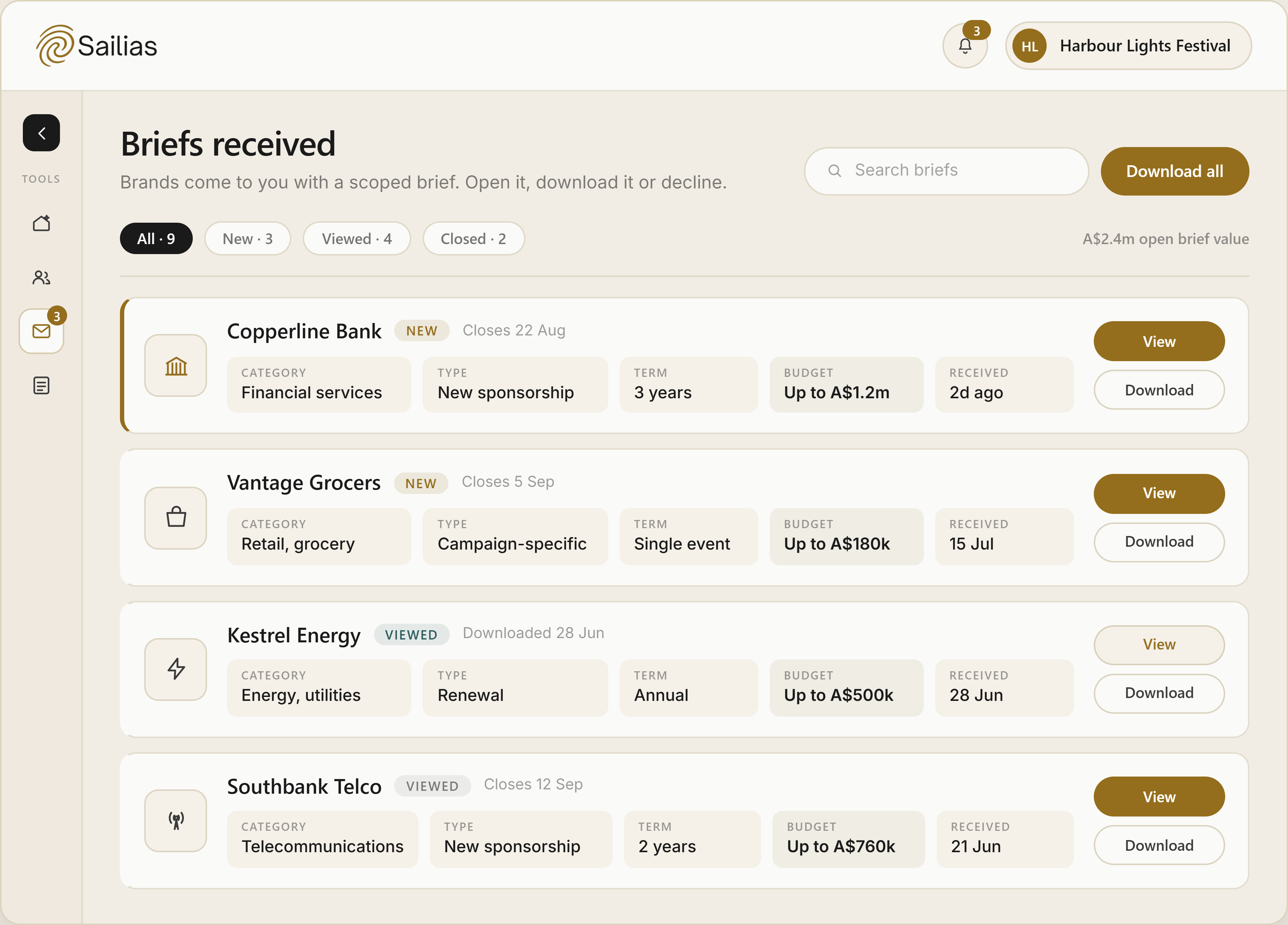 Sailias briefs received workspace showing matched opportunities and requirements