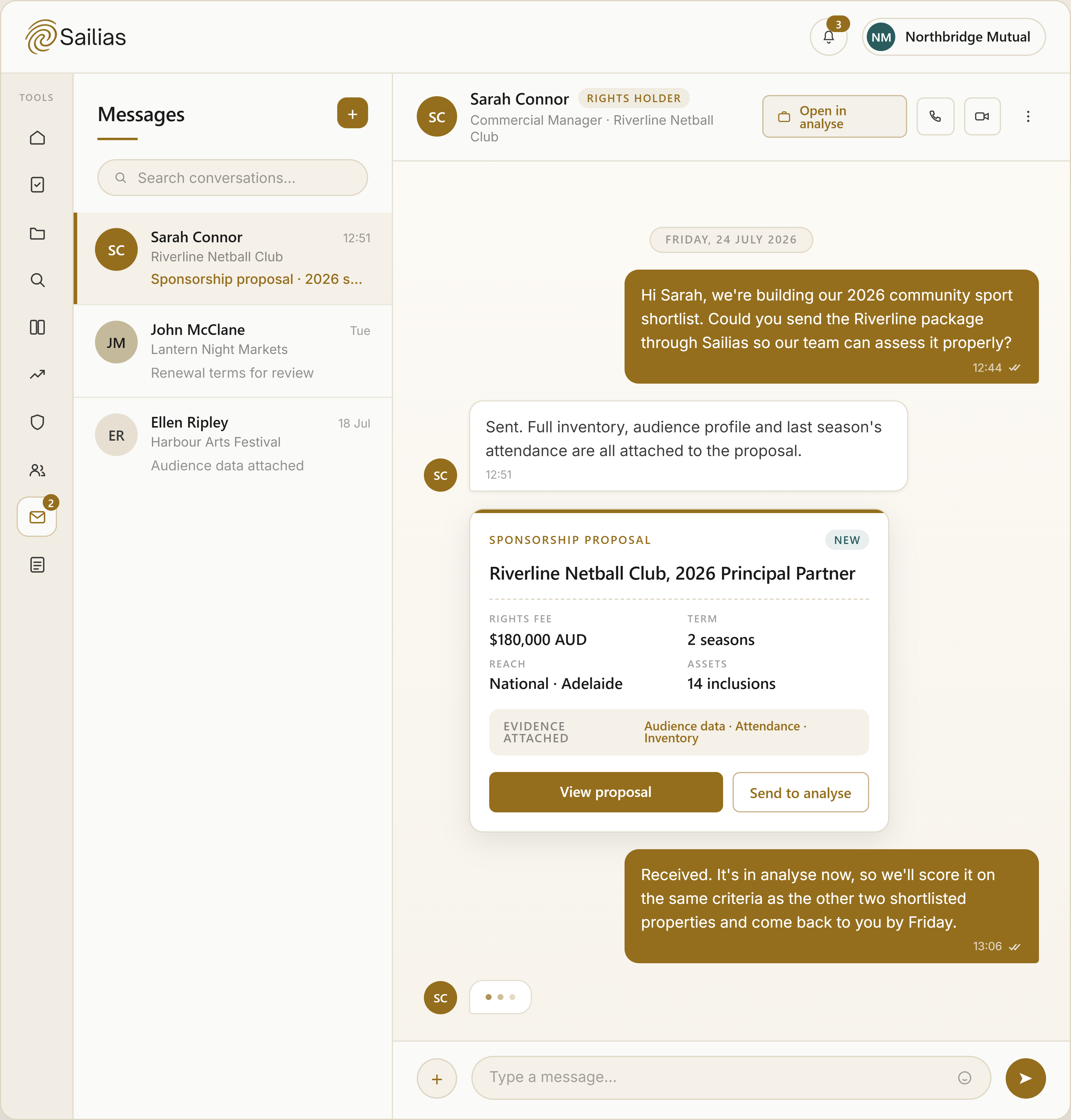 Sailias message thread with an attached sponsorship proposal and supporting evidence