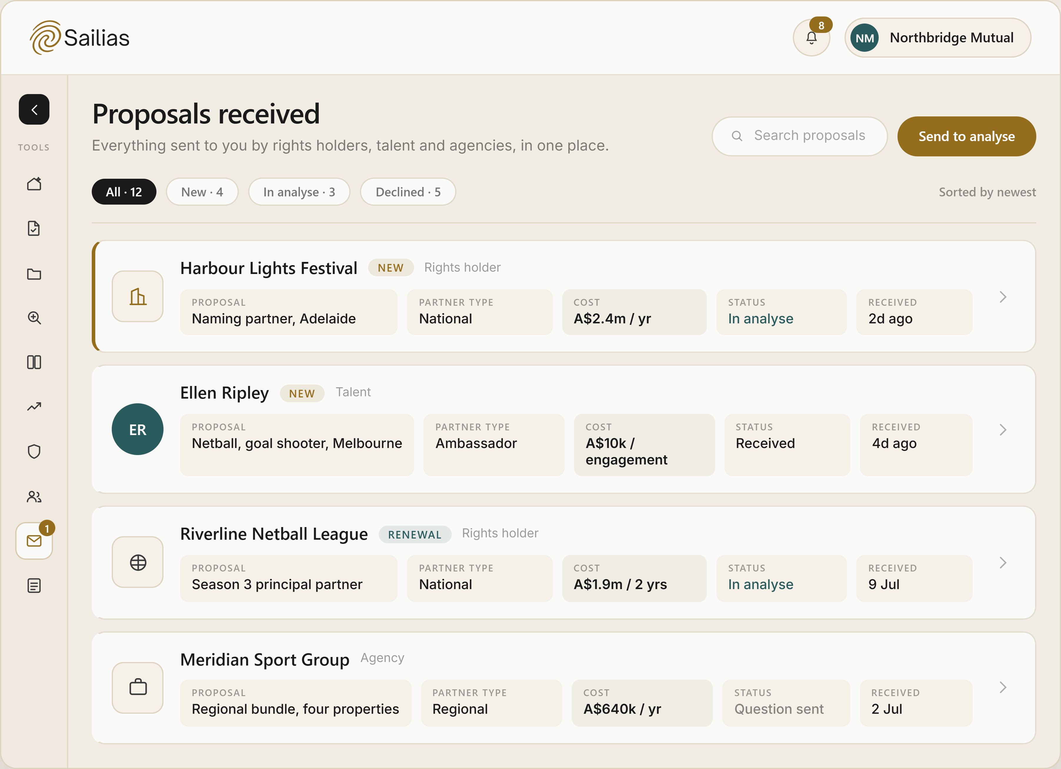 Sailias proposals workspace showing structured responses and evidence