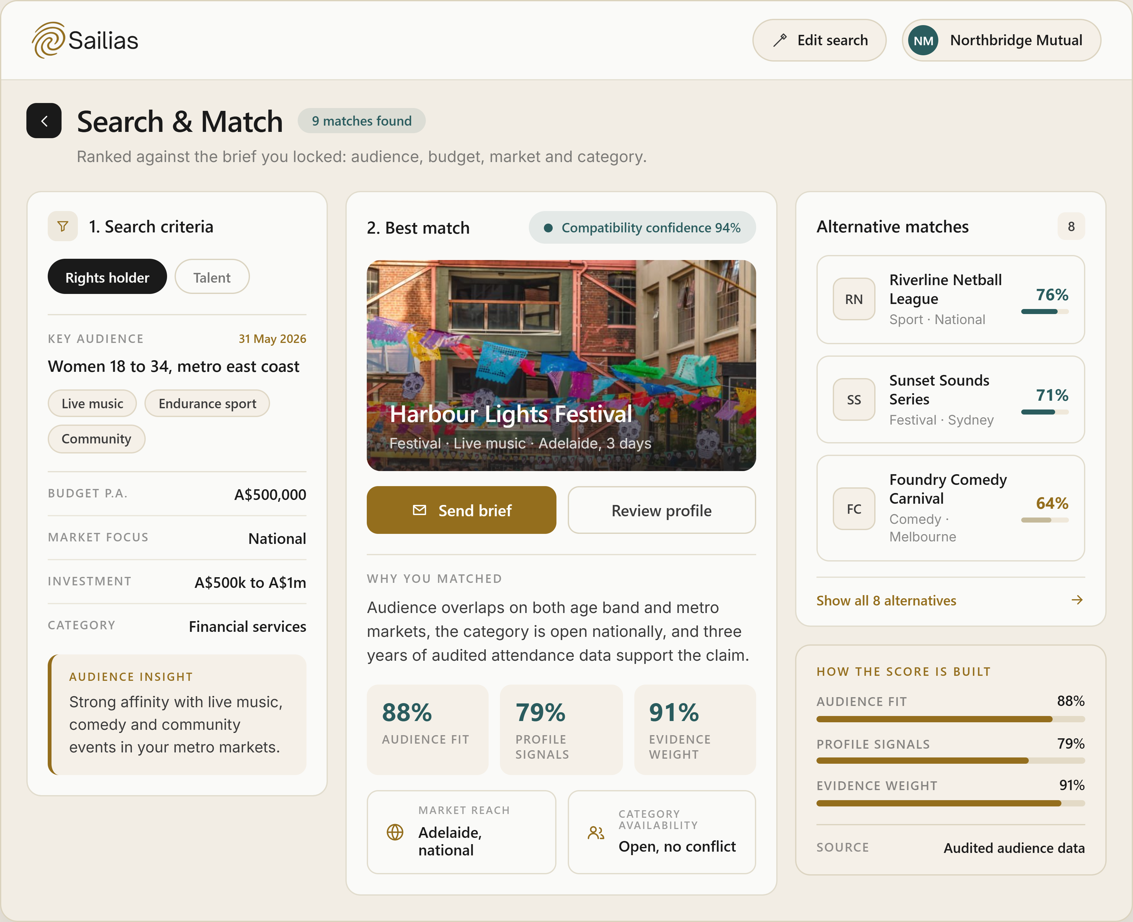 Sailias Search & Match workspace for agency portfolio discovery